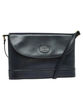 Authentic GUCCI Shoulder Bag Leather Navy Gold
